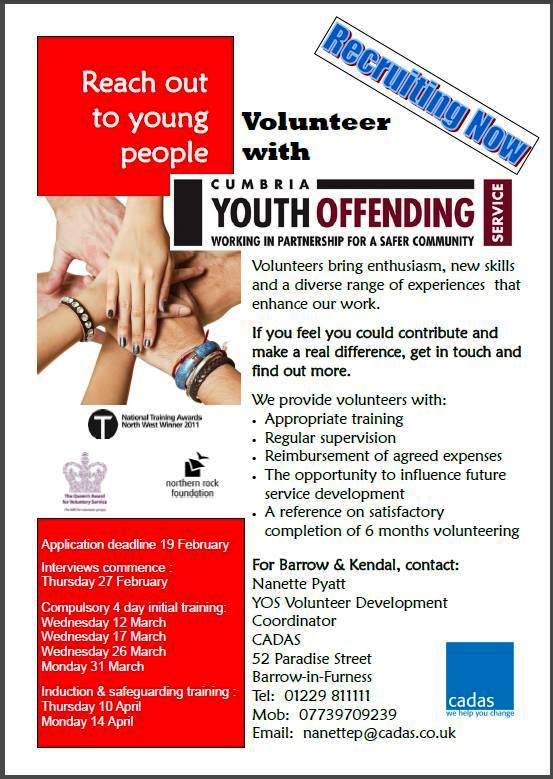 Cumbria Youth Offending Service are recruiting volunteers in Barrow